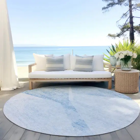 8' Denim Blue And Sky Blue Round Abstract Washable Indoor Outdoor Area Rug Photo 6
