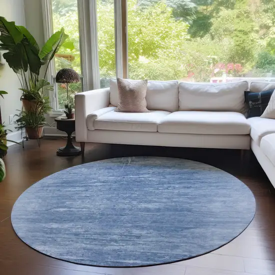 8' Denim Blue And Sky Blue Round Abstract Washable Indoor Outdoor Area Rug Photo 7