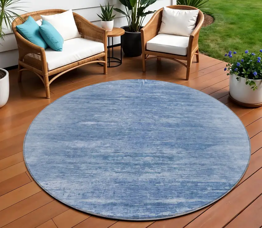 8' Denim Blue And Sky Blue Round Abstract Washable Indoor Outdoor Area Rug Photo 1