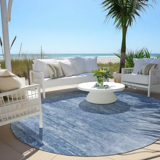 8' Denim Blue And Sky Blue Round Abstract Washable Indoor Outdoor Area Rug Photo 6