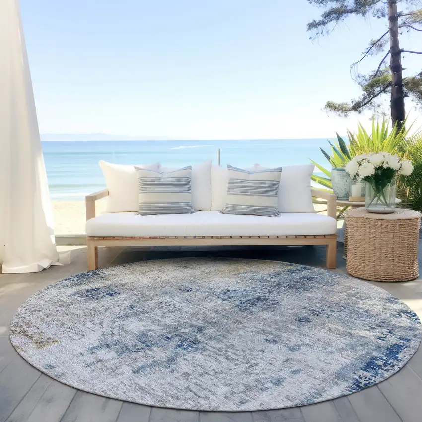 8' Denim Blue And Sky Blue Round Abstract Washable Indoor Outdoor Area Rug Photo 7