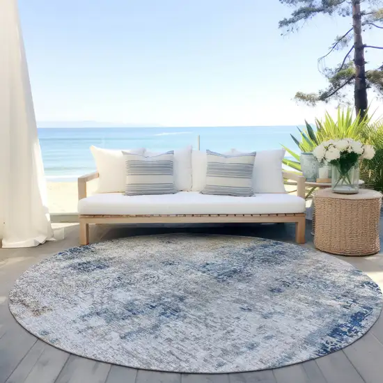 8' Denim Blue And Sky Blue Round Abstract Washable Indoor Outdoor Area Rug Photo 7