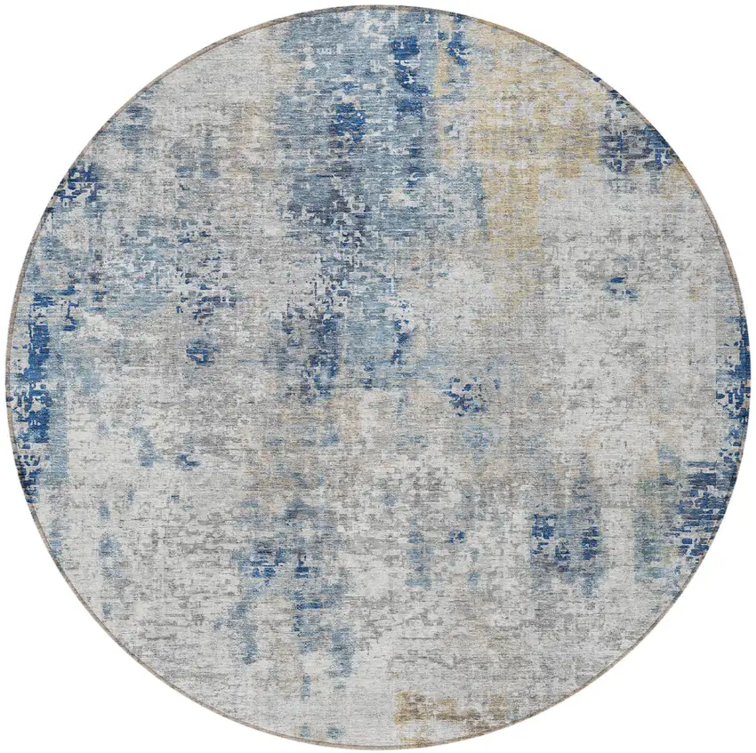 8' Denim Blue And Sky Blue Round Abstract Washable Indoor Outdoor Area Rug Photo 6
