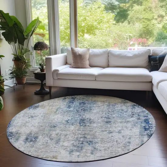 8' Denim Blue And Sky Blue Round Abstract Washable Indoor Outdoor Area Rug Photo 8
