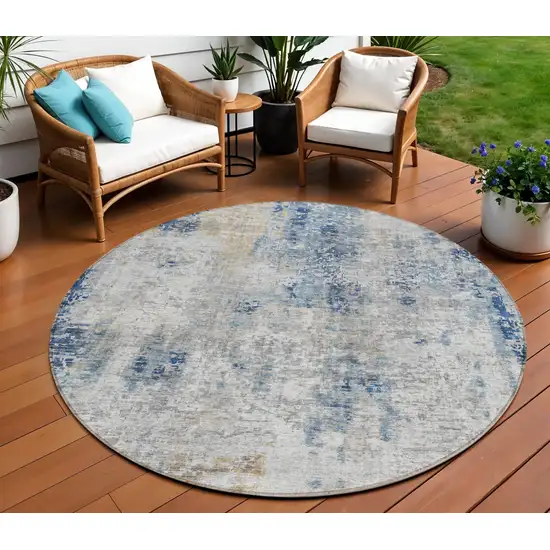 8' Denim Blue And Sky Blue Round Abstract Washable Indoor Outdoor Area Rug Photo 1