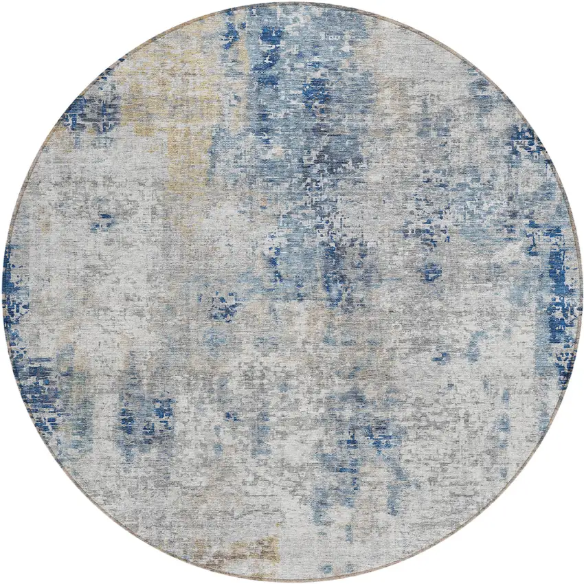8' Denim Blue And Sky Blue Round Abstract Washable Indoor Outdoor Area Rug Photo 2