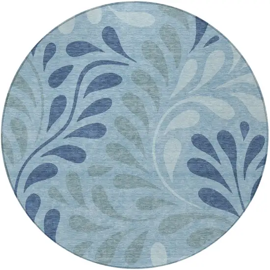 8' Denim Blue And Sky Blue Round Botanical Leaves Washable Indoor Outdoor Area Rug Photo 2