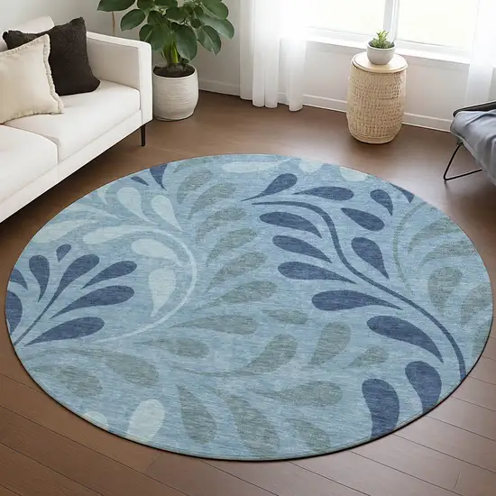 8' Denim Blue And Sky Blue Round Botanical Leaves Washable Indoor Outdoor Area Rug Photo 4