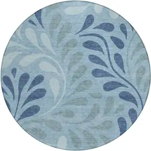 Photo of 8' Denim Blue And Sky Blue Round Botanical Leaves Washable Indoor Outdoor Area Rug