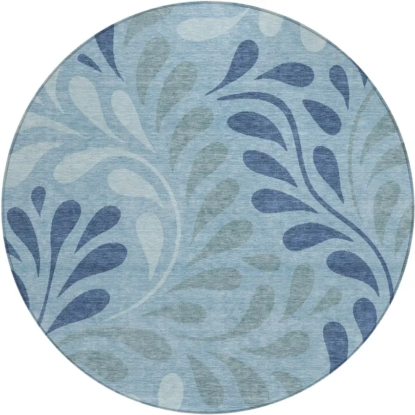 8' Denim Blue And Sky Blue Round Botanical Leaves Washable Indoor Outdoor Area Rug Photo 1