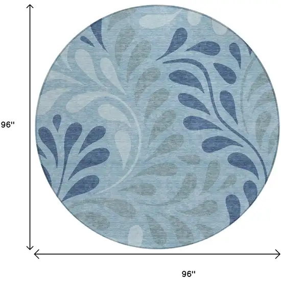 8' Denim Blue And Sky Blue Round Botanical Leaves Washable Indoor Outdoor Area Rug Photo 9