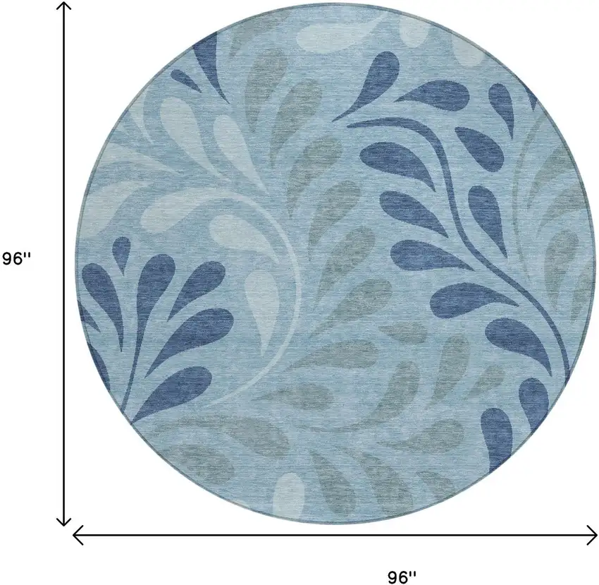8' Denim Blue And Sky Blue Round Botanical Leaves Washable Indoor Outdoor Area Rug Photo 9