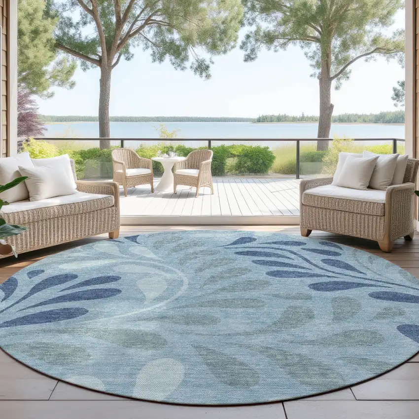 8' Denim Blue And Sky Blue Round Botanical Leaves Washable Indoor Outdoor Area Rug Photo 3
