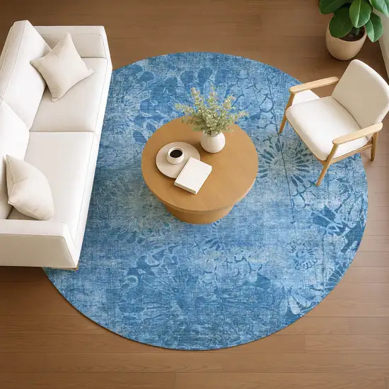 8' Denim Blue And Sky Blue Round Floral Washable Indoor Outdoor Area Rug Photo 8