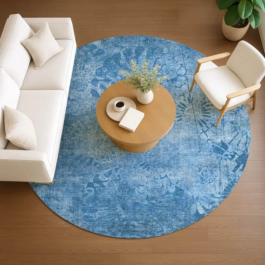 8' Denim Blue And Sky Blue Round Floral Washable Indoor Outdoor Area Rug Photo 8