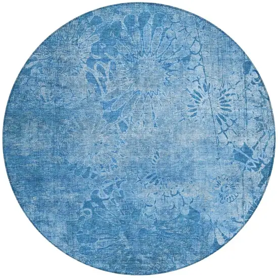 8' Denim Blue And Sky Blue Round Floral Washable Indoor Outdoor Area Rug Photo 4