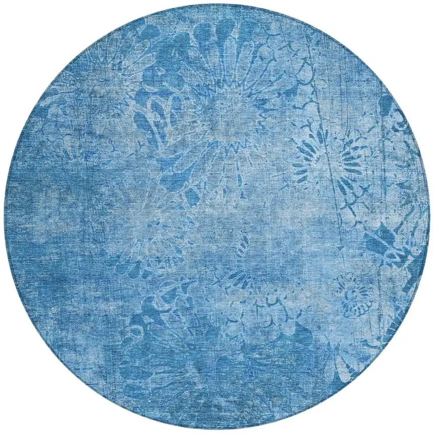 8' Denim Blue And Sky Blue Round Floral Washable Indoor Outdoor Area Rug Photo 4