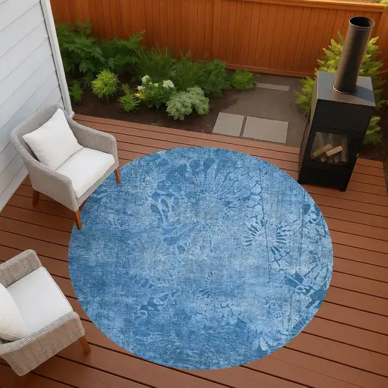 8' Denim Blue And Sky Blue Round Floral Washable Indoor Outdoor Area Rug Photo 7