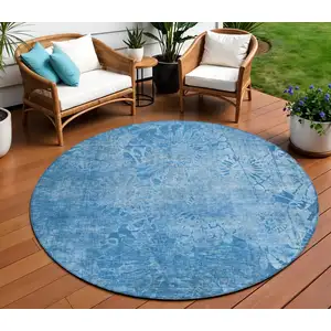 Photo of 8' Denim Blue And Sky Blue Round Floral Washable Indoor Outdoor Area Rug