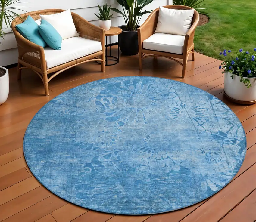 8' Denim Blue And Sky Blue Round Floral Washable Indoor Outdoor Area Rug Photo 1