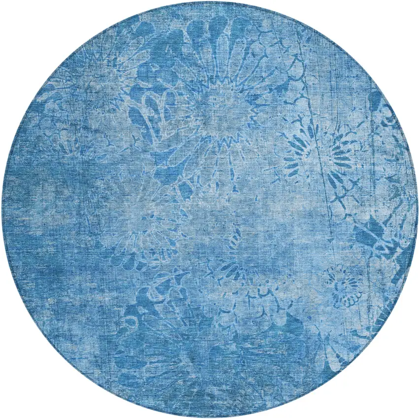 8' Denim Blue And Sky Blue Round Floral Washable Indoor Outdoor Area Rug Photo 2
