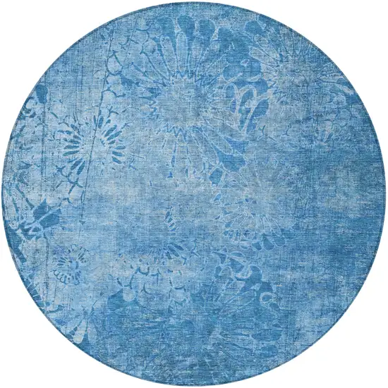 8' Denim Blue And Sky Blue Round Floral Washable Indoor Outdoor Area Rug Photo 5