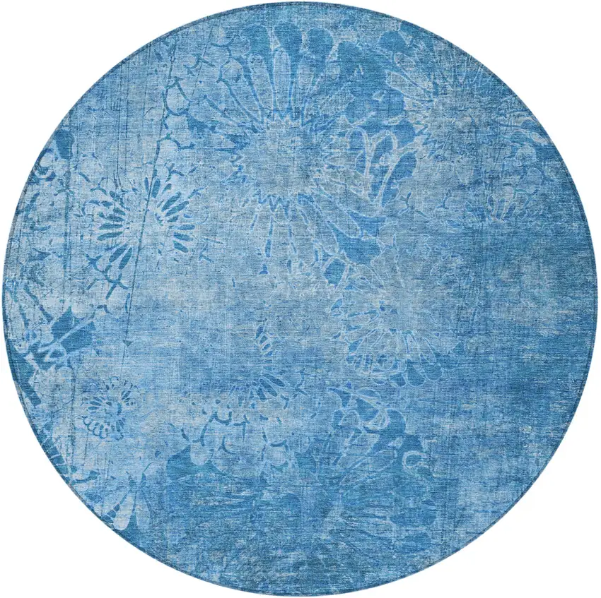 8' Denim Blue And Sky Blue Round Floral Washable Indoor Outdoor Area Rug Photo 5