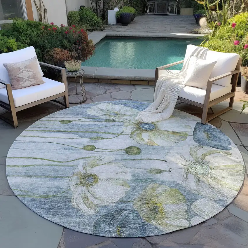 8' Denim Blue And Sky Blue Round Floral Washable Indoor Outdoor Area Rug Photo 7