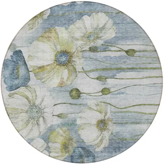 8' Denim Blue And Sky Blue Round Floral Washable Indoor Outdoor Area Rug Photo 6