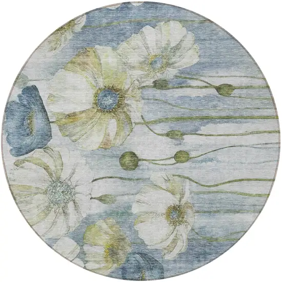 8' Denim Blue And Sky Blue Round Floral Washable Indoor Outdoor Area Rug Photo 6