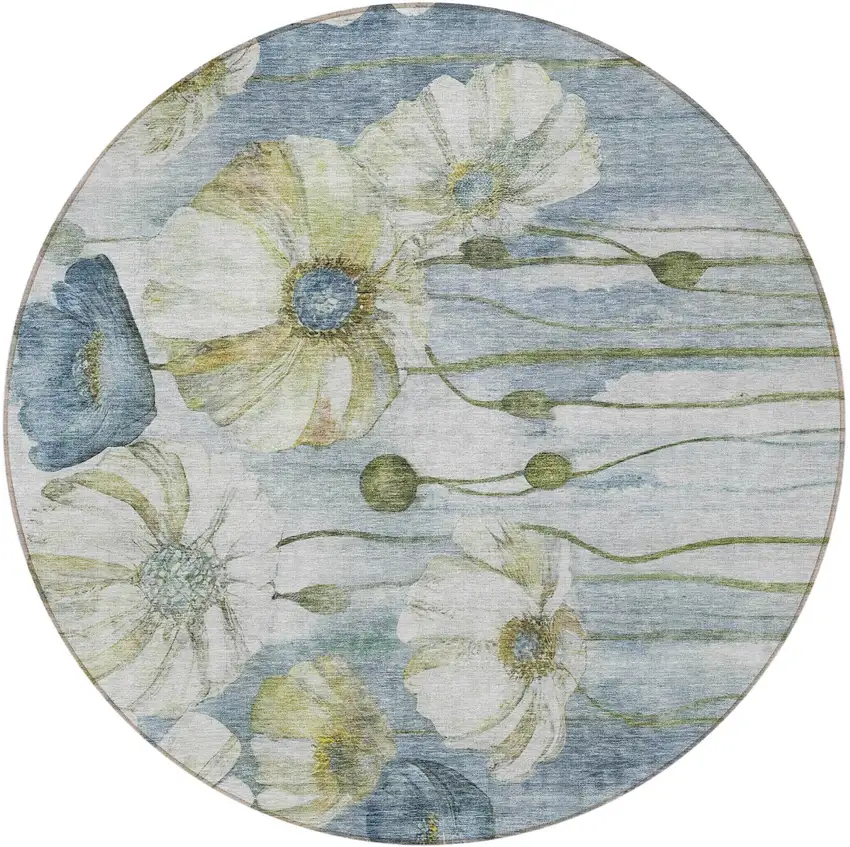 8' Denim Blue And Sky Blue Round Floral Washable Indoor Outdoor Area Rug Photo 6
