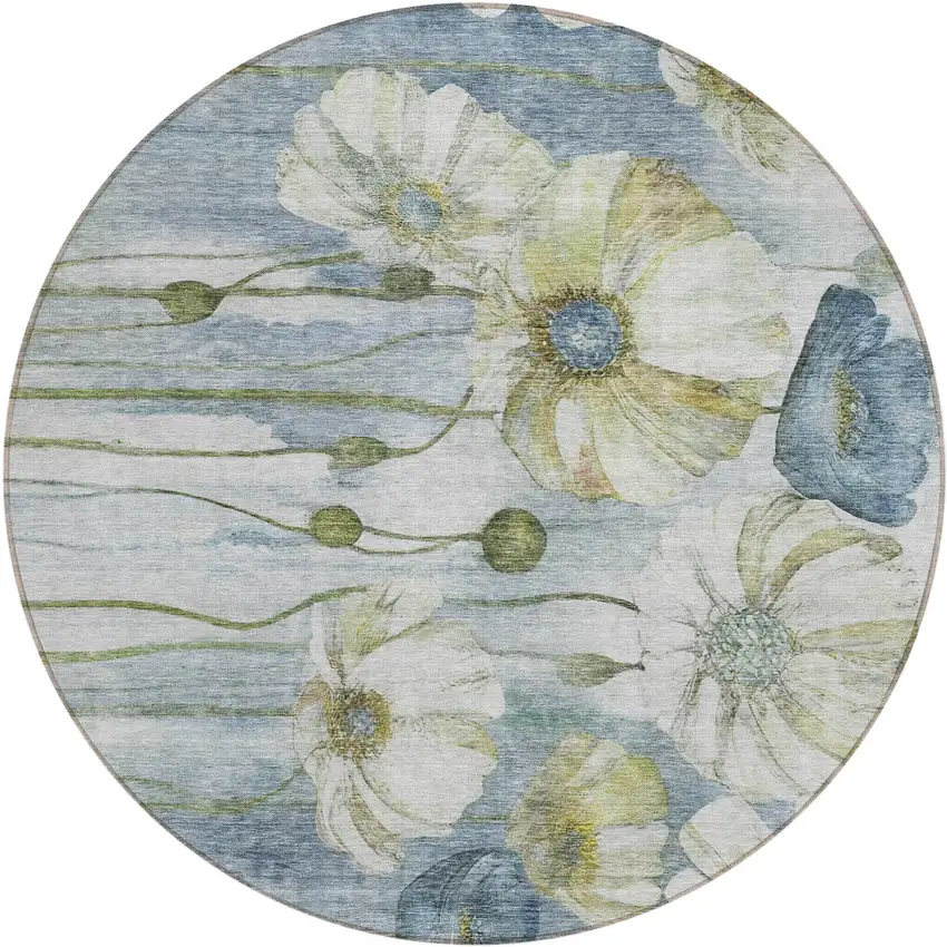 8' Denim Blue And Sky Blue Round Floral Washable Indoor Outdoor Area Rug Photo 1
