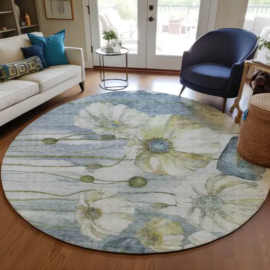 8' Denim Blue And Sky Blue Round Floral Washable Indoor Outdoor Area Rug Photo 8