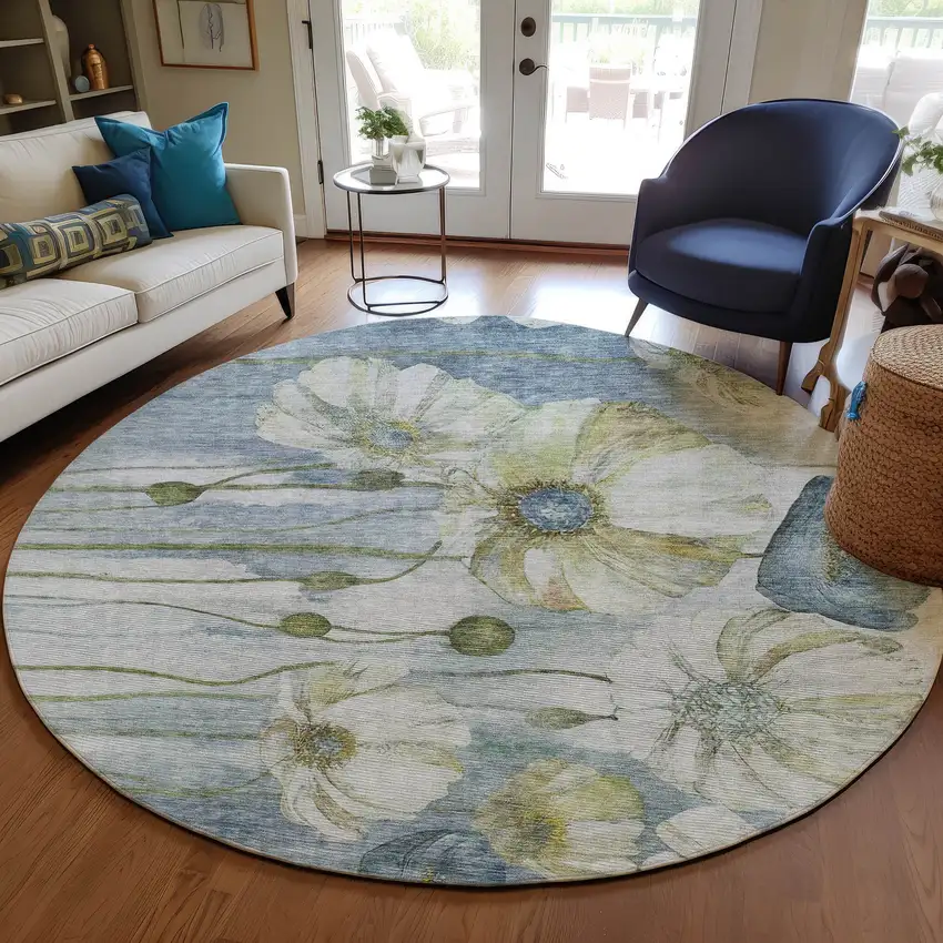 8' Denim Blue And Sky Blue Round Floral Washable Indoor Outdoor Area Rug Photo 8