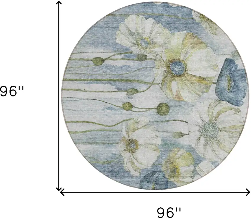 8' Denim Blue And Sky Blue Round Floral Washable Indoor Outdoor Area Rug Photo 9