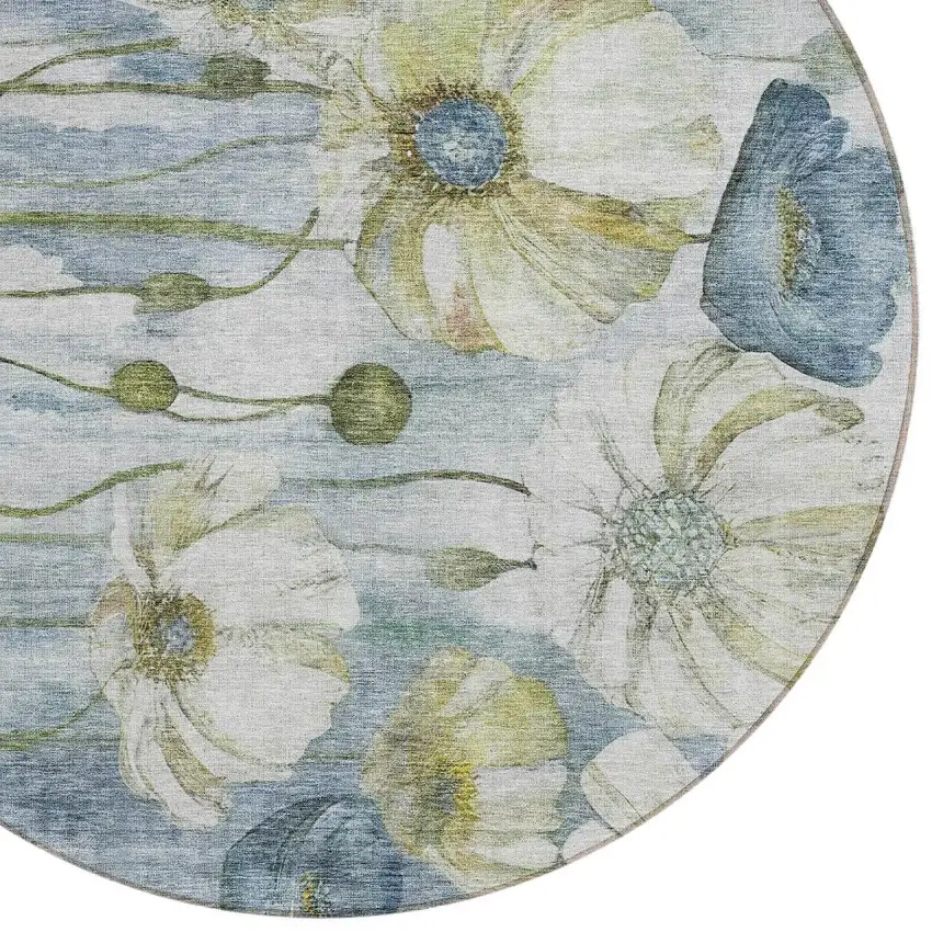 8' Denim Blue And Sky Blue Round Floral Washable Indoor Outdoor Area Rug Photo 4