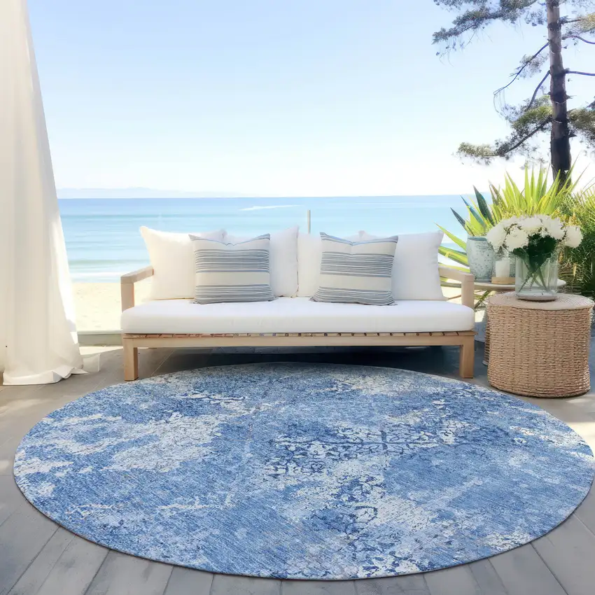 8' Denim Blue And Sky Blue Round Floral Washable Indoor Outdoor Area Rug Photo 6