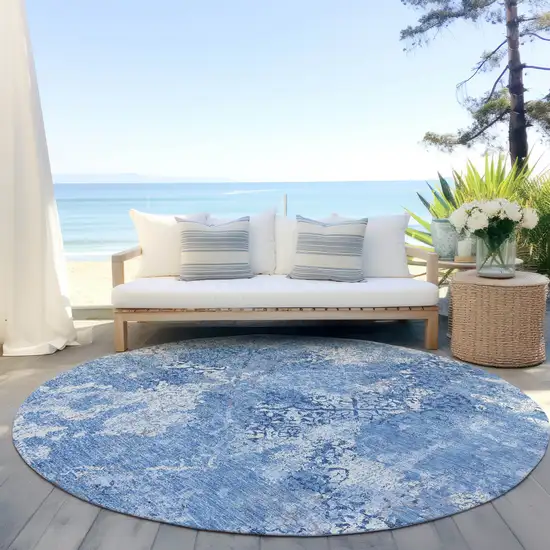 8' Denim Blue And Sky Blue Round Floral Washable Indoor Outdoor Area Rug Photo 6