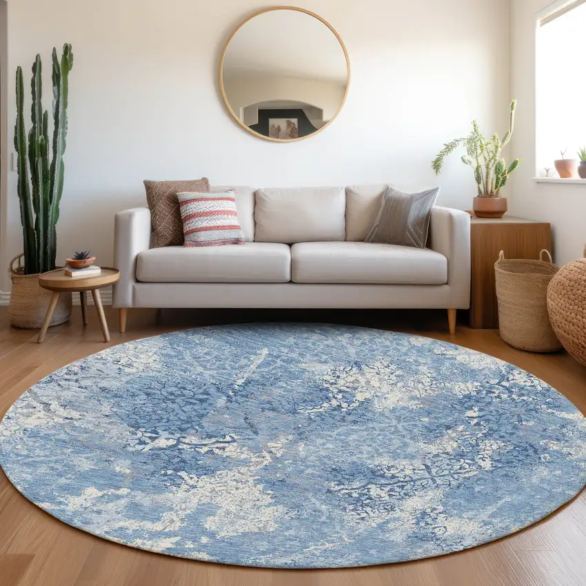 8' Denim Blue And Sky Blue Round Floral Washable Indoor Outdoor Area Rug Photo 7