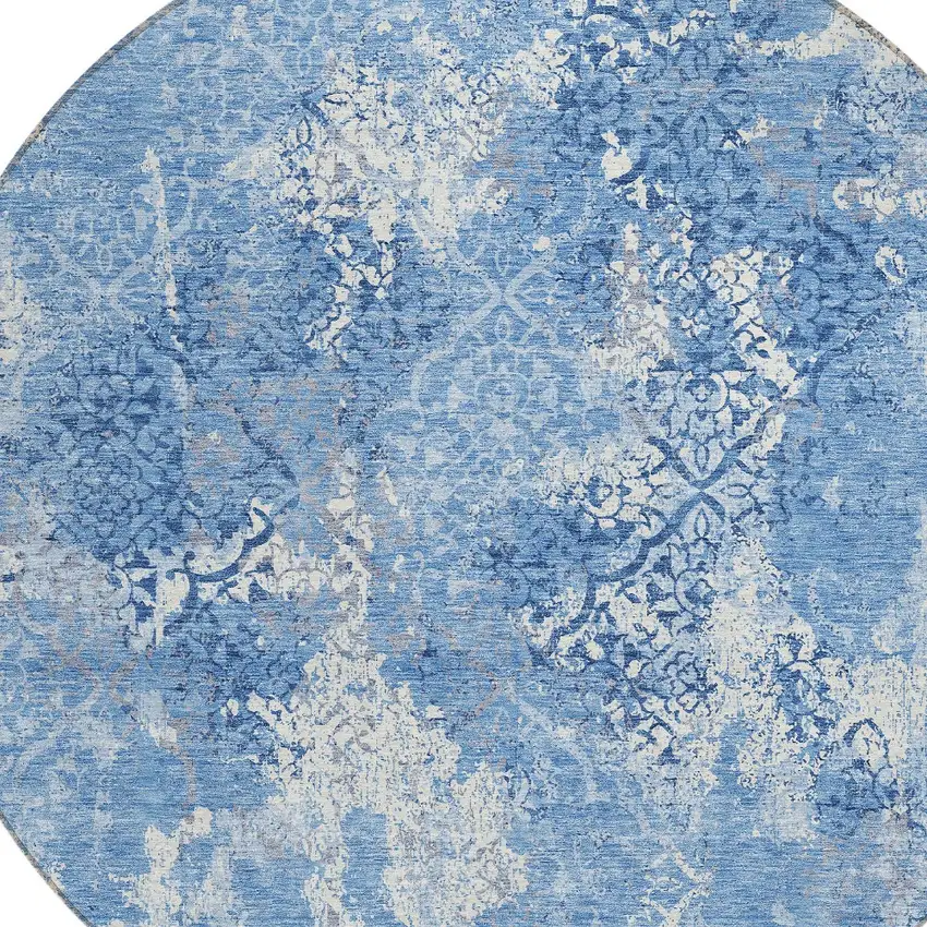 8' Denim Blue And Sky Blue Round Floral Washable Indoor Outdoor Area Rug Photo 4
