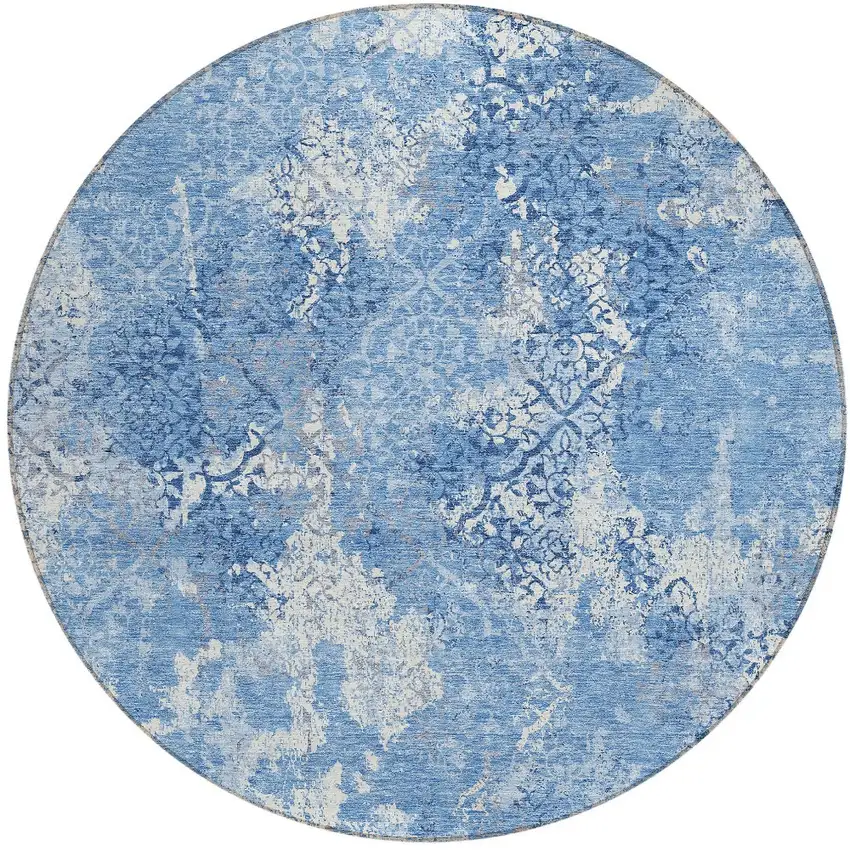 8' Denim Blue And Sky Blue Round Floral Washable Indoor Outdoor Area Rug Photo 5