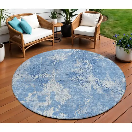 8' Denim Blue And Sky Blue Round Floral Washable Indoor Outdoor Area Rug Photo 1