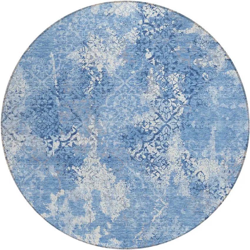 8' Denim Blue And Sky Blue Round Floral Washable Indoor Outdoor Area Rug Photo 2