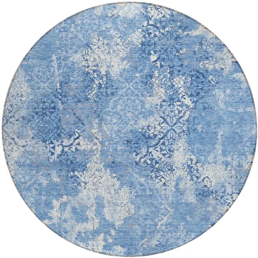 8' Denim Blue And Sky Blue Round Floral Washable Indoor Outdoor Area Rug Photo 2