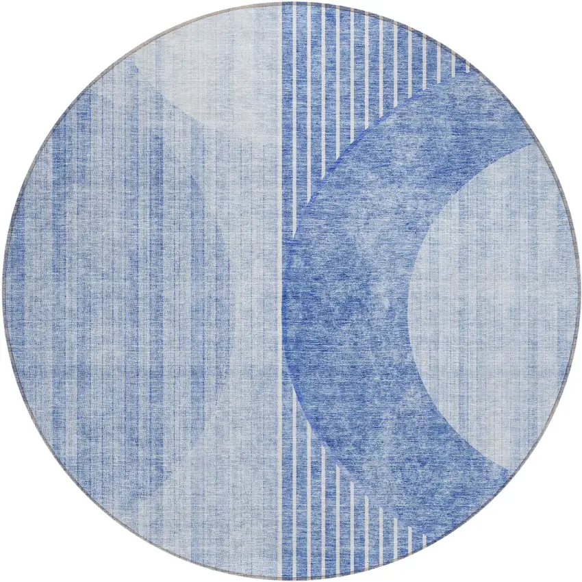 8' Denim Blue And Sky Blue Round Geometric Washable Indoor Outdoor Area Rug Photo 2