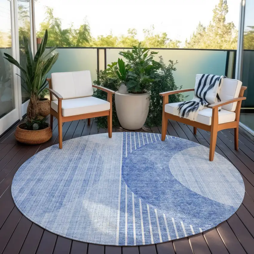 8' Denim Blue And Sky Blue Round Geometric Washable Indoor Outdoor Area Rug Photo 6