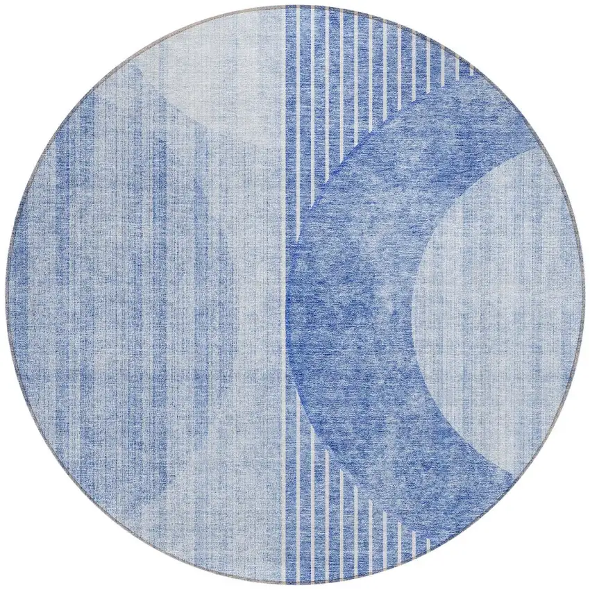 8' Denim Blue And Sky Blue Round Geometric Washable Indoor Outdoor Area Rug Photo 5