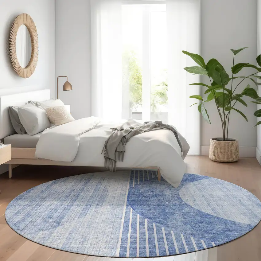 8' Denim Blue And Sky Blue Round Geometric Washable Indoor Outdoor Area Rug Photo 7