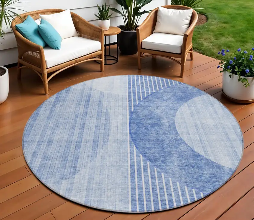 8' Denim Blue And Sky Blue Round Geometric Washable Indoor Outdoor Area Rug Photo 1