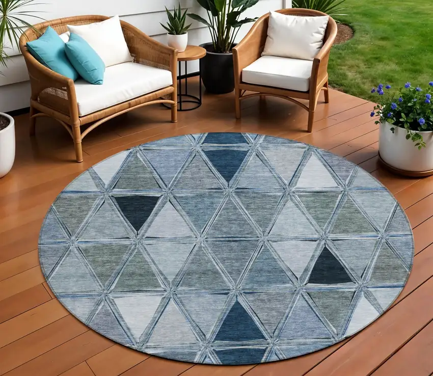 8' Denim Blue And Sky Blue Round Geometric Washable Indoor Outdoor Area Rug Photo 1